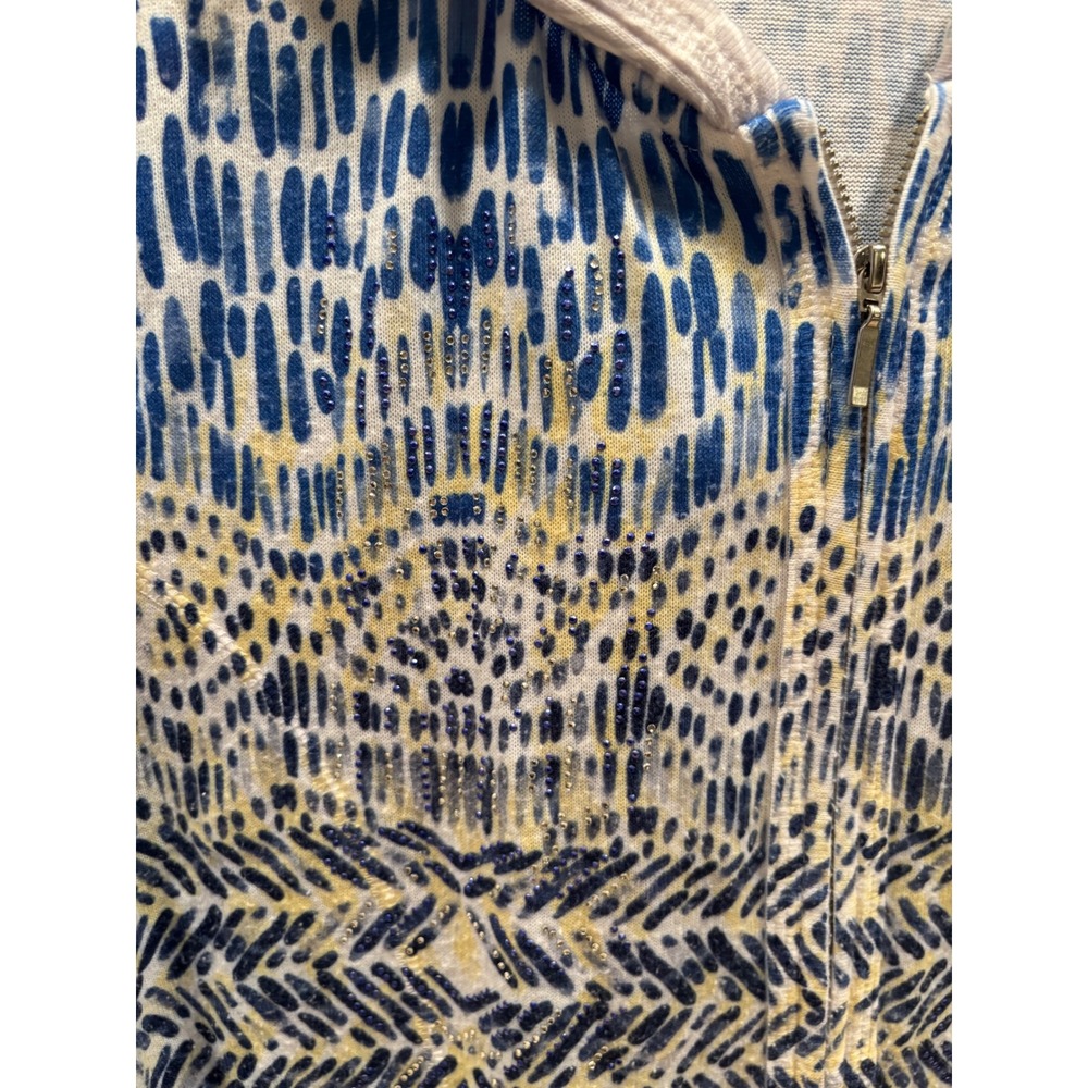 Zenergy by Chico's Blue Yellow Ikat Print Rhinestone Full Zip Hoodie Womens 2 L - Picture 2 of 7